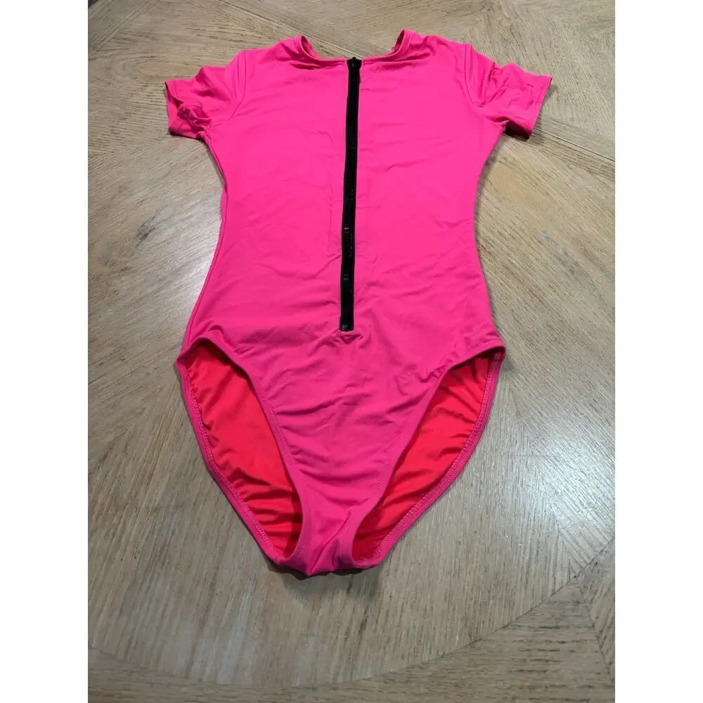 Michael Kors short sleeve neon pink one-piece swimsuit black front zipper size 4